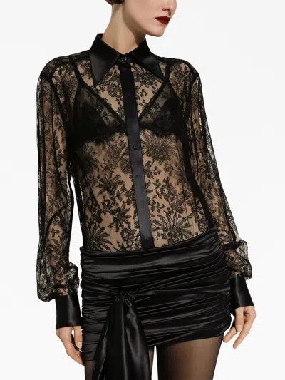 Dolce & Gabbana Black Slim Shirt With Satin Details In Chantilly Lace Woman