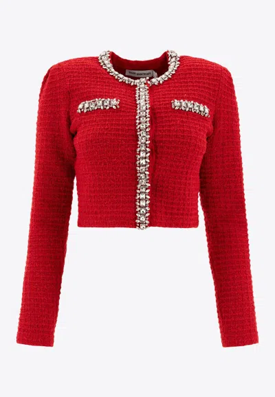 Self-portrait Short Cardigan With Crystals In Red