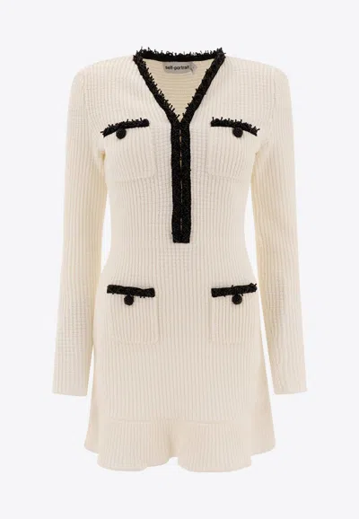 Self-portrait Textured White Dress With Beaded V-neckline