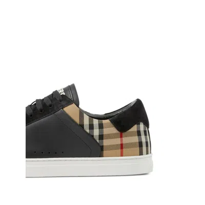 Burberry Black Sneakers With Suede Details And Check Motif In Leather Blend Man