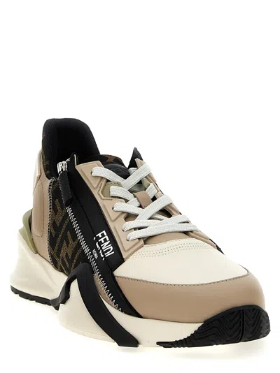 Fendi Beige Leather Sneakers With Ff Motif In Multi