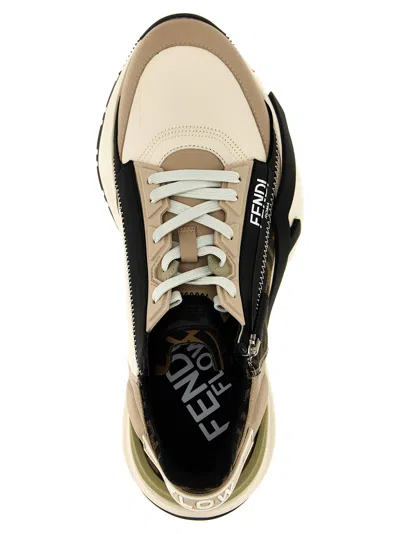 Fendi Beige Leather Sneakers With Ff Motif In Multi