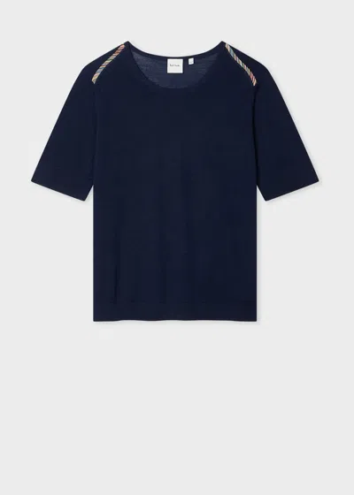 Paul Smith Women's Navy Silk-wool Blend 'signature Stripe' Trim Knitted Top Blue