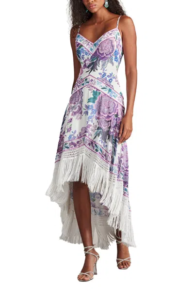 Tadashi Shoji Lua Floral Print Tassel Fringe Slip Dress In White Purple Floral