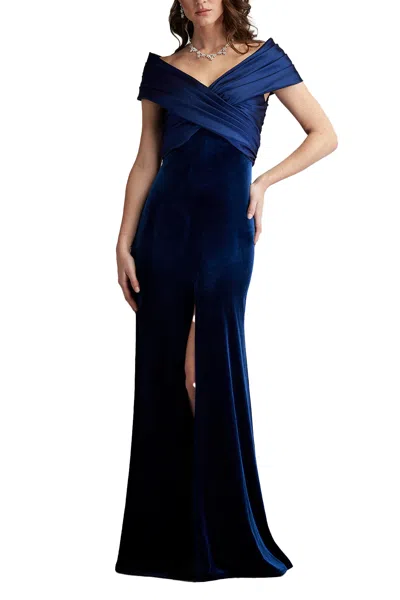 Tadashi Shoji Bal24730l Pleated Long Formal Velvet Evening Dress In Blue