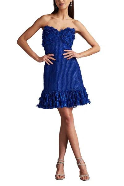 Tadashi Shoji Carmen Lace Fringe Mini Dress In Blue