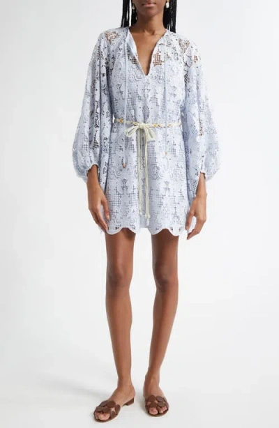 Zimmermann Ascension Lace Mini Dress W/ Belt In Blue