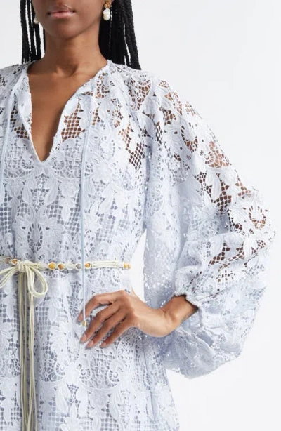 Zimmermann Ascension Lace Mini Dress W/ Belt In Blue