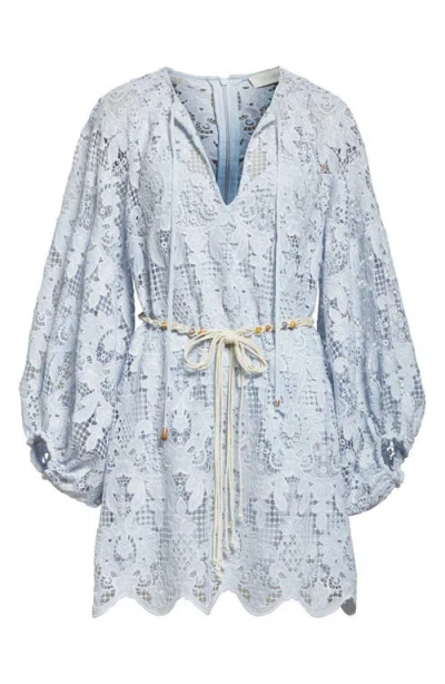 Zimmermann Ascension Lace Mini Dress W/ Belt In Blue