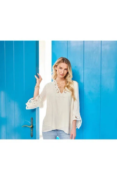 Karen Kane Bracelet Sleeve Embroidered Asymmetric Top In Cream In White