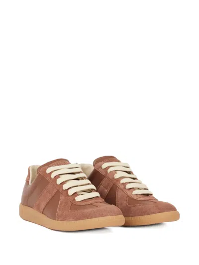 Maison Margiela Replica Brown Low Top Sneakers With Suede Details And Logo On The Tongue In Leather Woman