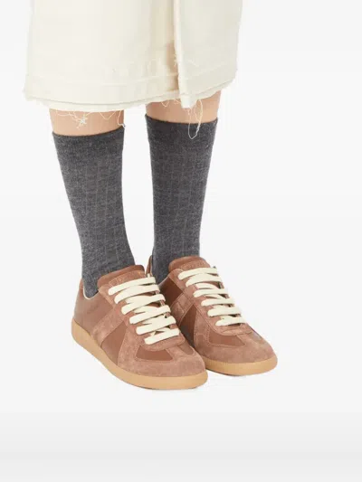 Maison Margiela Replica Brown Low Top Sneakers With Suede Details And Logo On The Tongue In Leather Woman