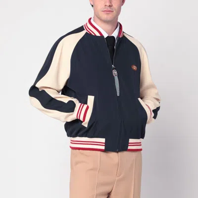 Valentino Wool And Cotton Bomber Jacket With Vlogo And Chat De La Maison Patch In Blue