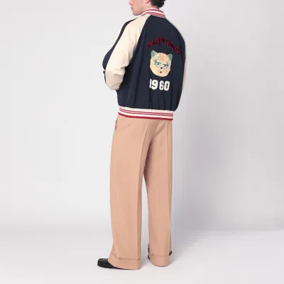 Valentino Wool And Cotton Bomber Jacket With Vlogo And Chat De La Maison Patch In Blue