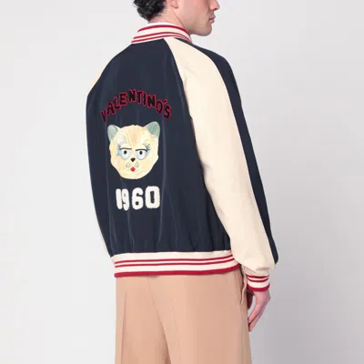 Valentino Wool And Cotton Bomber Jacket With Vlogo And Chat De La Maison Patch In Blue