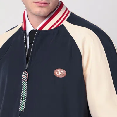 Valentino Wool And Cotton Bomber Jacket With Vlogo And Chat De La Maison Patch In Blue