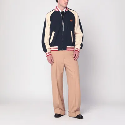 Valentino Wool And Cotton Bomber Jacket With Vlogo And Chat De La Maison Patch In Blue