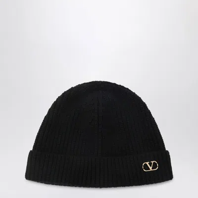 Valentino Garavani Cashmere Ribbed Texture Beanie With Turn-up Brim In Black