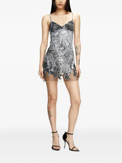 Diesel Nylon Mini Dress With Heraldic Print In Grey