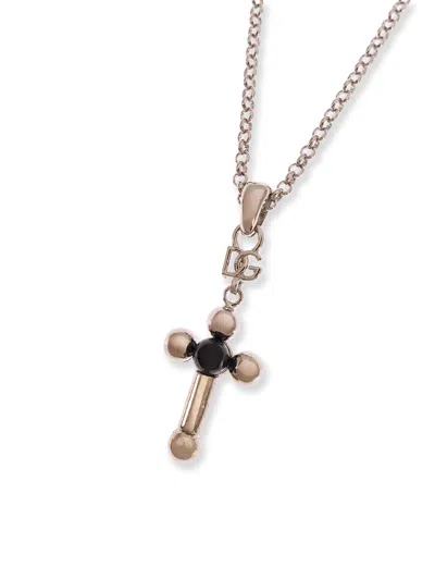 Dolce & Gabbana Men Brass Necklace With Iconic Crucifix In Silver
