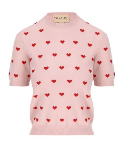 Valentino Crewneck Heart Jacquard Sweater In Pink