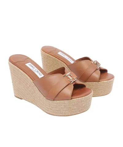 Jimmy Choo Leather Espadrille Sole Wedges With Wedge Heel In Neutral