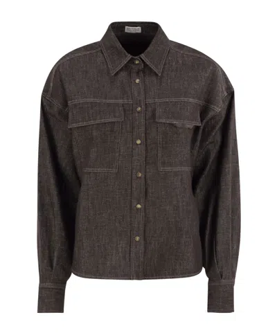 Brunello Cucinelli Cotton Blend Shirt Metallic Finish In Brown