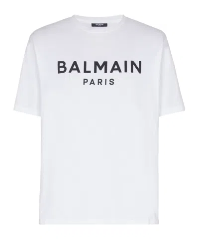 Balmain White Crewneck T-shirt With Contrasting Logo Lettering Print In Cotton