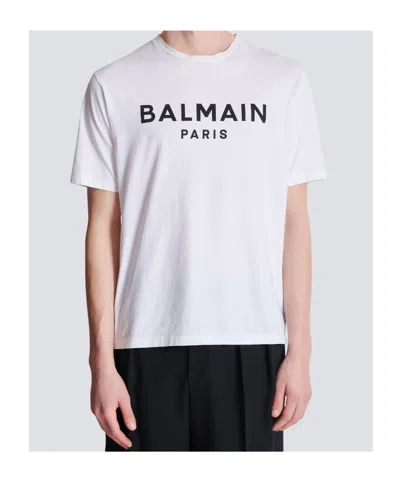 Balmain White Crewneck T-shirt With Contrasting Logo Lettering Print In Cotton