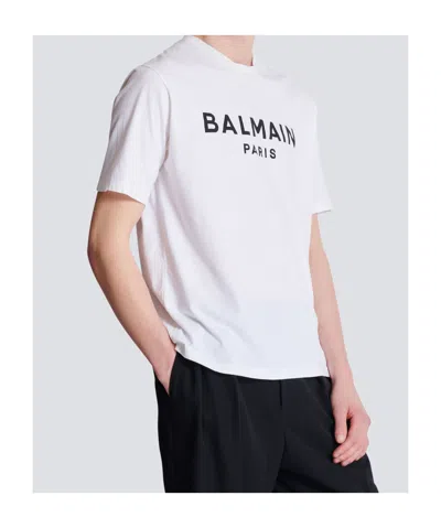 Balmain White Crewneck T-shirt With Contrasting Logo Lettering Print In Cotton