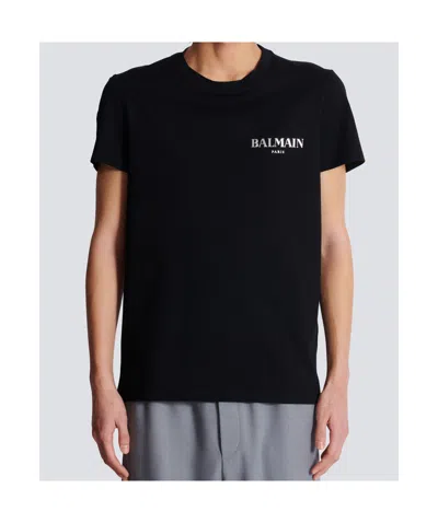 Balmain Black Crewneck T-shirt With Logo Print In Cotton Man