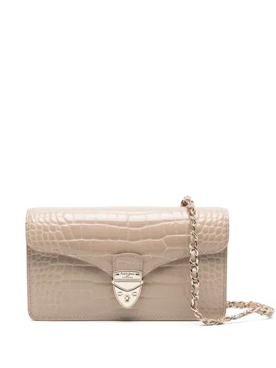 Aspinal Of London Mayfair Logo-lettering Patent-leather Clutch Bag In Taupe