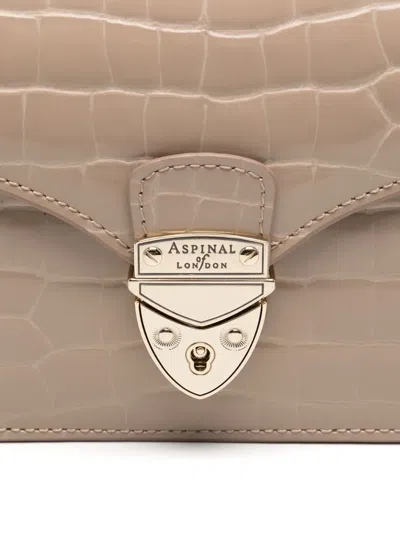 Aspinal Of London Mayfair Logo-lettering Patent-leather Clutch Bag In Taupe