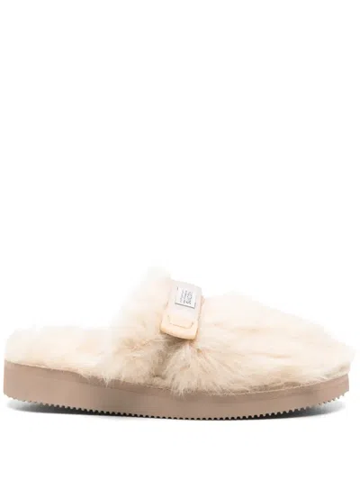 Suicoke Round Toe Faux Fur Slides In Beige