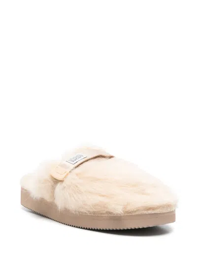 Suicoke Round Toe Faux Fur Slides In Beige
