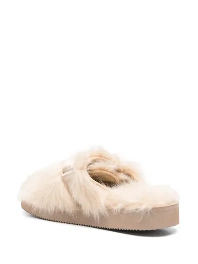 Suicoke Round Toe Faux Fur Slides In Beige