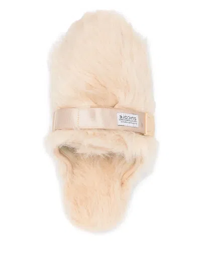 Suicoke Round Toe Faux Fur Slides In Beige