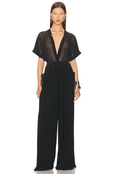 Norma Kamali Geralyn Belted Paneled Jersey And Mesh Jumpsuit