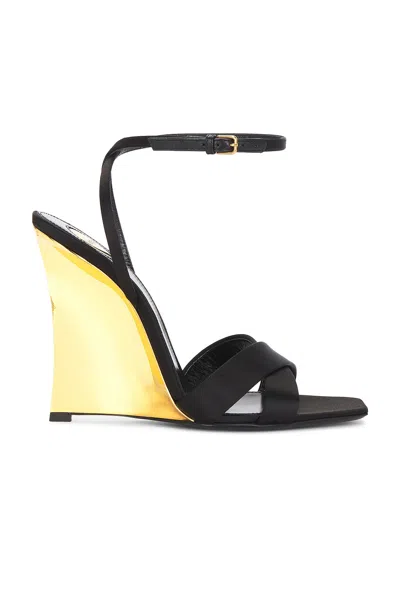 Saint Laurent Lucienne 110 Crepe Satin Wedge Sandals In Black