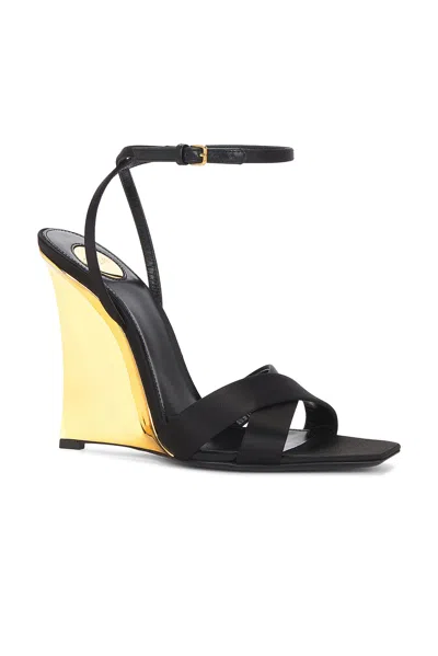 Saint Laurent Lucienne 110 Crepe Satin Wedge Sandals In Black