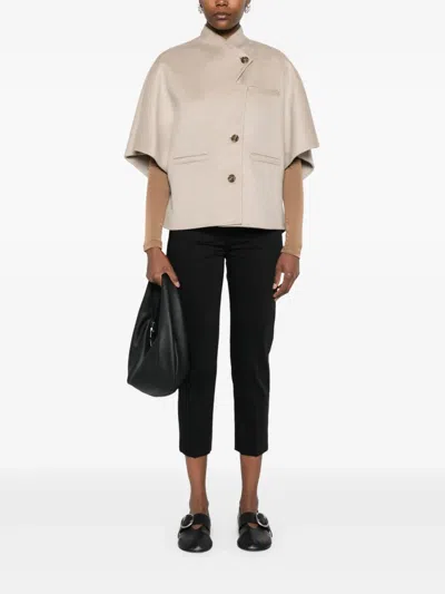 Max Mara Stand Collar Long Cropped Cape In Neutral