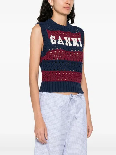 Ganni Striped Openwork Vest With Logo Inlay In Multi