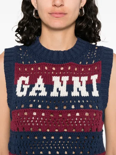 Ganni Striped Openwork Vest With Logo Inlay In Multi