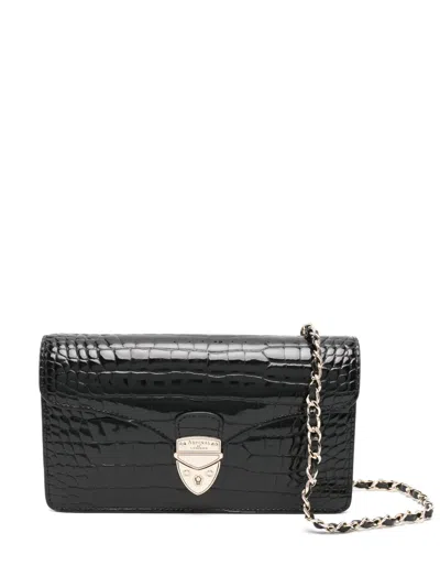 Aspinal Of London Mayfair Logo-lettering Patent-leather Clutch Bag In Black