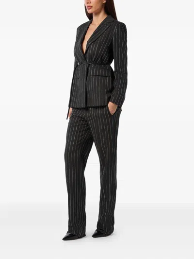Philipp Plein Pinstriped Belted Blazer In Multi