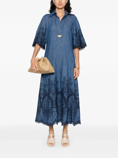 Zimmermann Coco Embroidered Denim Long Dress In Blue