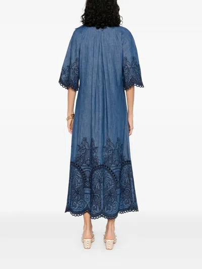 Zimmermann Coco Embroidered Denim Long Dress In Blue