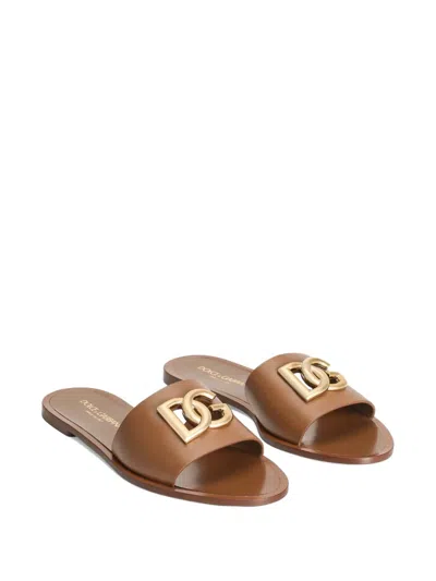 Dolce & Gabbana Camel Calf Leather Bianca Slides In Multi