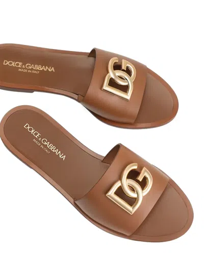 Dolce & Gabbana Camel Calf Leather Bianca Slides In Multi