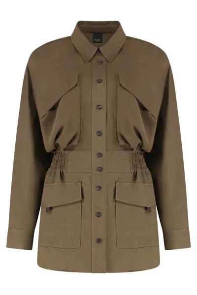 Pinko Linen Shirt Jacket With Four Patch Pockets In Brown